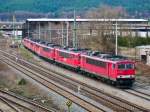 Kein Aprilscherz waren am diesjährigen 1. April diese 7 Loks der Baureihen 139, 140 und 155, die auf dem nördlichen Lokgleis des Bahnhofs Saalfeld (Saale) abgestellt waren. An diesem Tag wurde der bisherige Rekord von 6 Loks, die man dort hin und wieder mit etwas Glück antreffen kann, gebrochen.